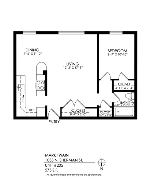 Floor plan for 1 bed, 1 bath, 650 sqft